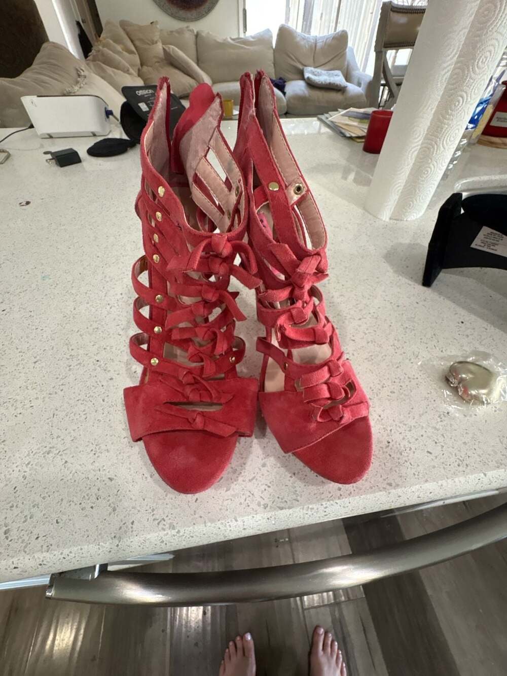 Betsey Johnson Pink Suede Studded Lace-Up Stiletto Heels